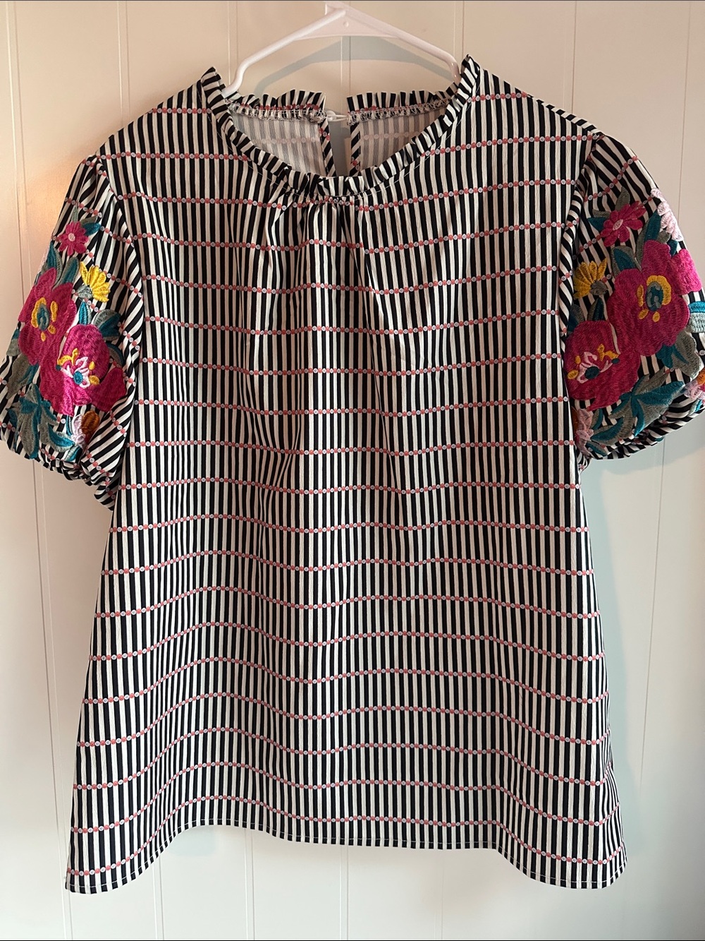 Striped  mandarin collar Peasant Top with Embroidered Floral Sleeves